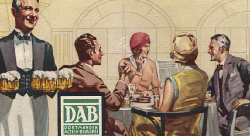 Fünf Personen sitzen an einem Tisch in einem Café, während ein Kellner Getränke serviert.