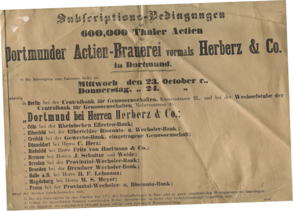 Ein altes Dokument für eine Aktienemission der Dortmunder Actien-Brauerei von 600,000 Talern.
