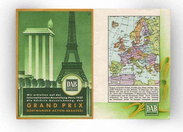 Eine alte Werbebroschüre zeigt den Eiffelturm und eine Europakarte.
