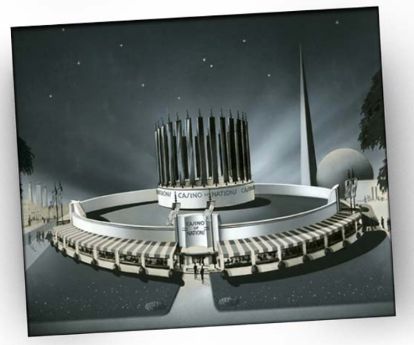 Futuristisches Gebäude in kreisförmiger Form mit säulenförmiger Struktur in der Mitte auf nächtlichem Hintergrund.